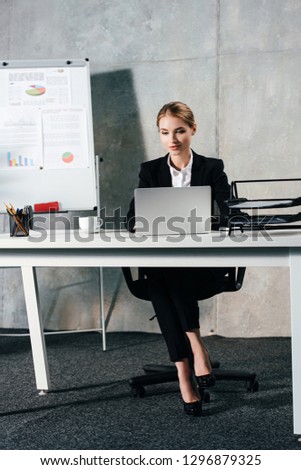 young concentrated businesswoman using laptop in office with office board on background