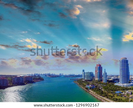 Miami Beach sunset skyline from South Pointe Park, Aerial view - Florida, USA.