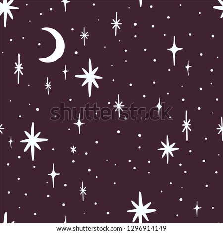 Vector seamless pattern with stars and moon on dark background. Suitable for web backgrounds, textiles and wrapping paper.