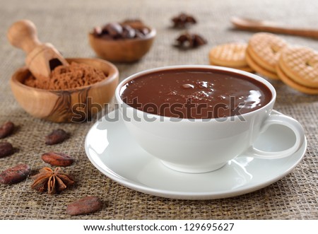 	Hot chocolate on a jute background
