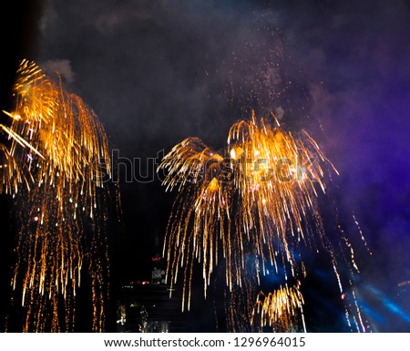 Blurred photo.
Beautiful colorful firework Along the Chao Phraya River, Bangkok, Thailand.