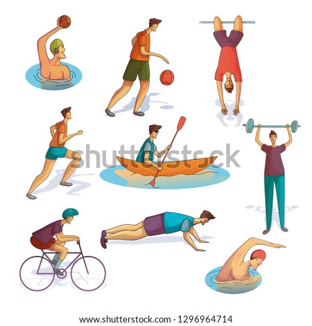 Cartoon vector set of men involved in various sports. Active workout. Athletic guys. Healthy lifestyle. Trendy people