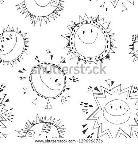 Seamless vector pattern with cartoon suns. Kids background. Hand-drawn illustration.