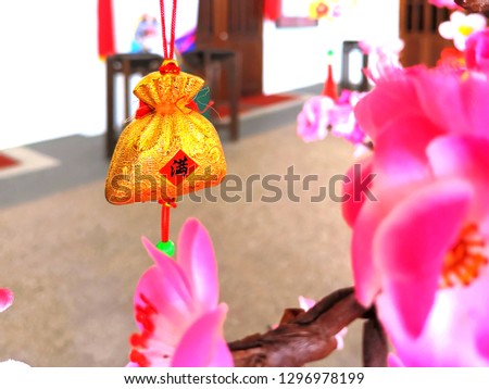 Chinese New Year decorations hanging on the sakura tree. Close up image, selective focus, shallow DOF. Chinese character means that happy chinese new year.
