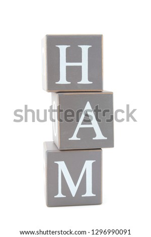 Letter blocks forming the word ham, against white background