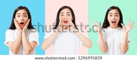 Collage of surprised shocked excited asian woman face isolated on colorful background. Young asian girl in summer t shirt. Copy space