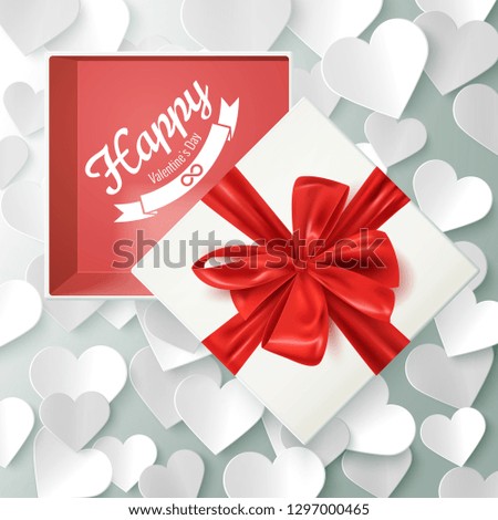 Happy Valentine's day banner card, open gift box with red bow, vector illustration