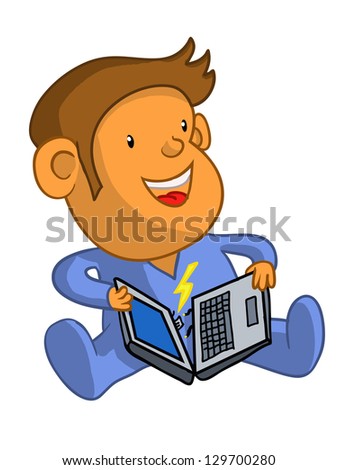 Baby with laptop cartoon,vector isolated on white background