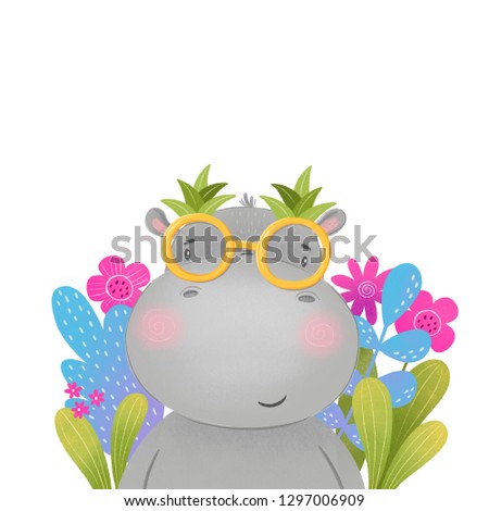 Summer hippo with flowers. Cute illustration with summer hippo. Summer poster for children