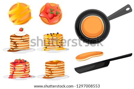 Set of four pancakes with different toppings. Pancakes on white plate. Baking with syrup or honey. Breakfast concept. Fluffy pancake in frying pan. Flat vector illustration on white background. Royalty-Free Stock Photo #1297008553