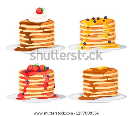 Set of four pancakes with different toppings. Pancakes on white plate. Baking with syrup or honey. Breakfast concept. Flat vector illustration isolated on white background. Royalty-Free Stock Photo #1297008556