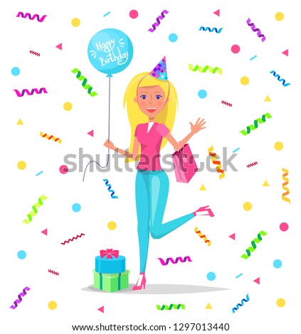 Blonde woman celebrating birthday vector. Partying lady holding balloon with text, falling confetti and presents gifts for female. Bag and paper cap