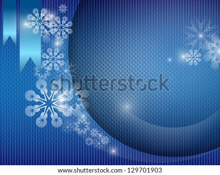 Christmas illustration in blue with white snowflakes and blue ribbons