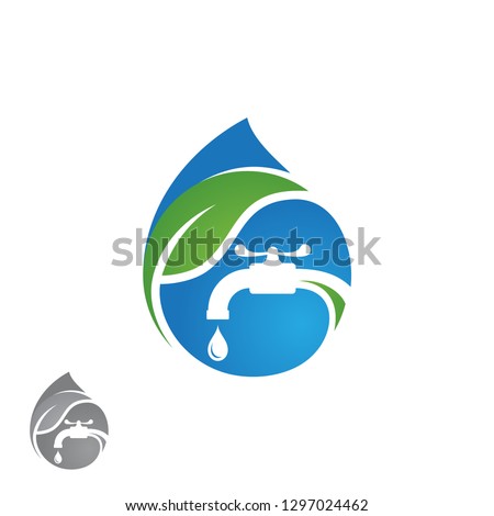 Water plumbing company logo vector concept. Negative space style logo design. Simple and stylish logotype. Water drop with pipe and water faucet. Vector illustration EPS.8 EPS.10