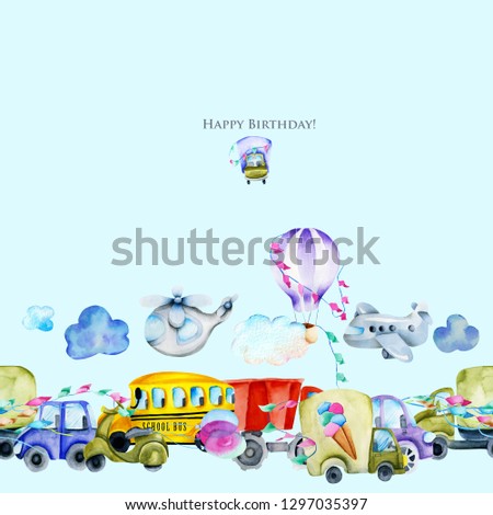 Watercolor cars and air transport border, hand painted on a blue background