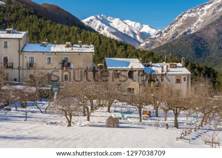 The beautiful village of Civitella Alfedena on a sunny winter morning. Abruzzo, Italy.