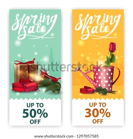 Spring sales banners with rose in the watering can and bouquet of tulips