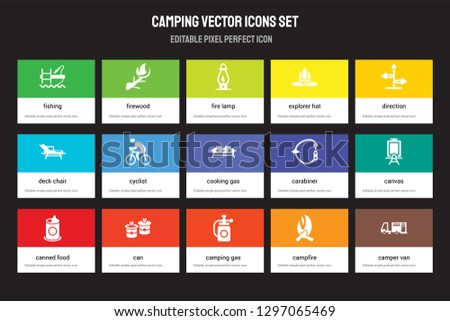 Set of 15 flat camping icons - Fishing, Firewood, Camping gas, Direction, Canned food, Carabiner, Canvas, Campfire. Vector illustration isolated on colorful background