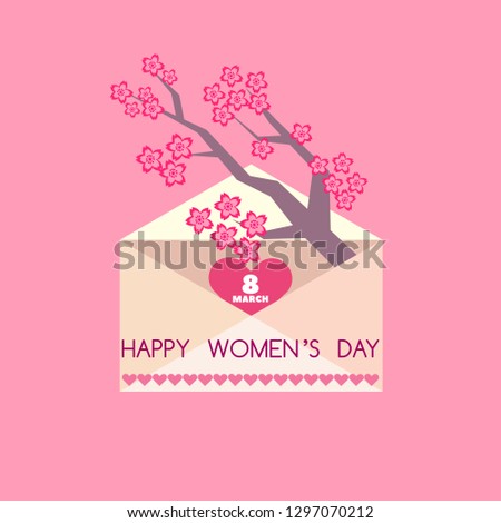 Happy 8 March, International Women's day. Holiday  letter concept. Big envelope with red heart and spring flowers, leaves.  Cute romantic background, banner design in flat cartoon style. Vector.