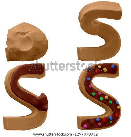 Colorful Play dough (Plasticine or Clay). S letter. Cake Font. Stop Motion. Created by hands. Isolated on white background.- Image
