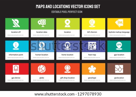 Set of 15 flat maps and locations icons - Location off, location data, Gift shop Location, Keyhole?Markup Language, Gps device. Vector illustration isolated on colorful background