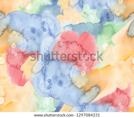 Seamless pattern with yellow, red, green and blue stains and splatters painted in watercolor on white isolated background