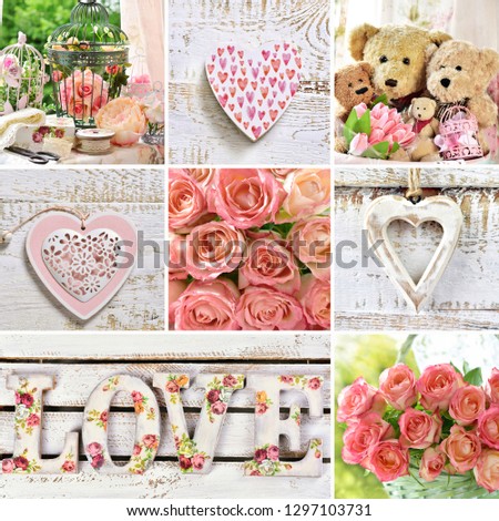 love concept collage with hearts,roses ,and teddy bears in vintage style