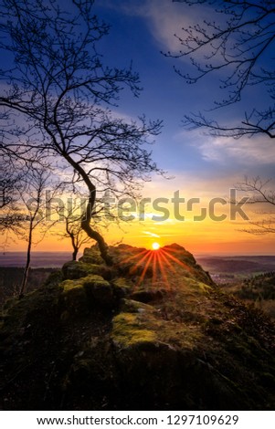 Beautiful landscape shot at the sunset. in a small hill, the sun is on the ground.