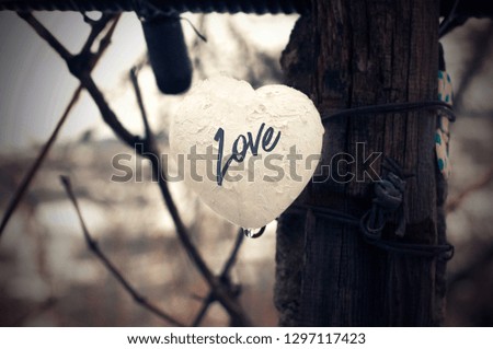 White foam heart outdoor covered with ice