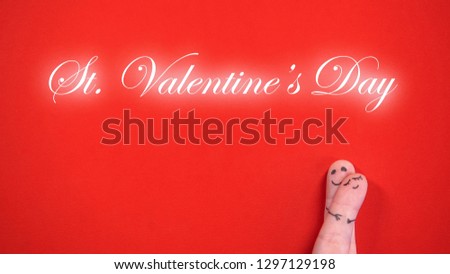 St Valentines Day phrase and hugging finger face family isolated red background