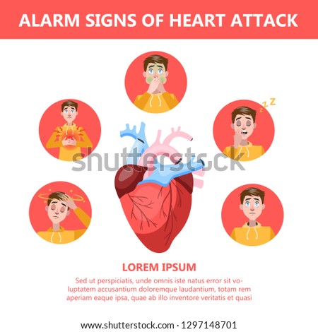 Heart attack symptoms and warning sings. Infographic for people with heart problems. Pain in chest and dizziness, sweating and sickness. Isolated vector illustration in cartoon style
