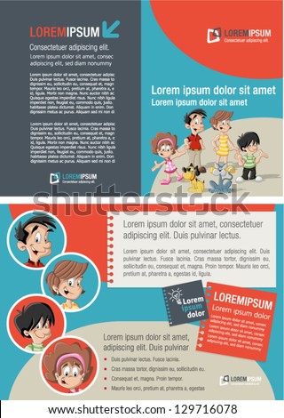 Red and blue template for advertising brochure with cute happy cartoon family