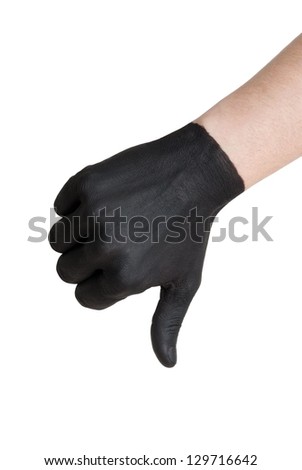 a black painted hand showing a thumb down gesture, isolated
