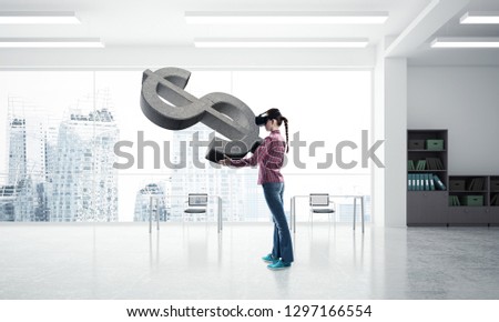 Young woman in virtual reality helmet and dollar stone symbol. Mixed media