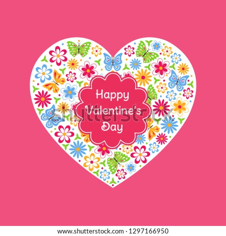 Valentine's Day greeting card with heart shape of flowers and butterflies and lettering. Colorful Valentines Day background, banner, poster. Flat style template with design elements and text.