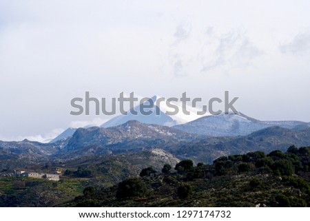 The snowed in Psiloritis mountain of the Mount Ida mountain chain, known variously as Idha, Ídhi, Idi, Ita, crete, greece                  