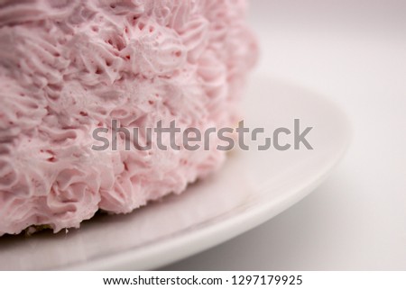 The piece of a cream pink cake on a plate on a white-gray background. Image with a copy space area.