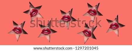 View of bright lips with glitter through hole in paper background. Make up artist, beauty concept. Ready to new year party. Cosmetics sale. Beauty salon advertising banner with copy space.