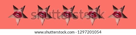 View of bright lips with glitter through hole in paper background. Make up artist, beauty concept. Ready to new year party. Cosmetics sale. Beauty salon advertising banner with copy space.