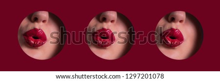 Pattern of beautiful red lips giving kiss through hole in paper background. Make up artist, beauty concept. Cosmetics sale. Beauty salon advertising banner with copy space.