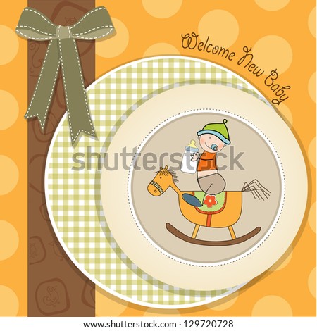 baby boy shower shower with wood horse toy, vector illustration