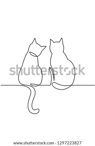 Continuous one line drawing of two happy cats silhouettes. Simple ink drawing sitting cats cute vector illustration. Doodle animals icons minimalistic line art.