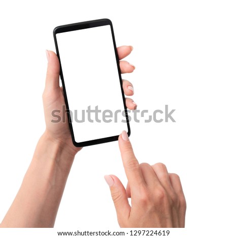 User holding modern smartphone with white screen in hand isolated on a white background