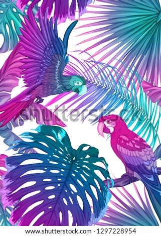 Background, wallpaper, cover with tropical plants, flowers and birds  in neon, fluorescent colors. Vector illustration. Isolated on white background.