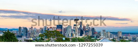 A panoramic view over the Seattle skyline during one amazing summer evening, sunset