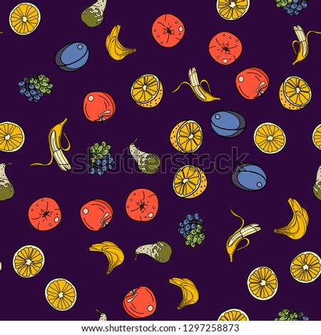 Fruits seamless pattern with orange, banana, apple, pear, grape,plum on violet background. Vector illustration for ads, menu and web banner designs. Organic and healthy food concept.