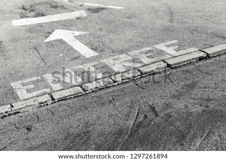 French text Entrance, white road marking over dark urban asphalt pavement, background photo