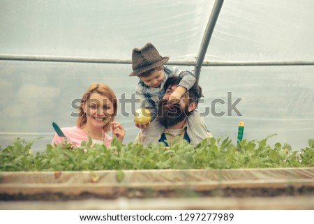 Happy family in greenhouse. Mum posing with green leaf in her mouth while kid is feeding dad with apple sitted on his shoulders. Bearded man playing with his son in fedora hat.