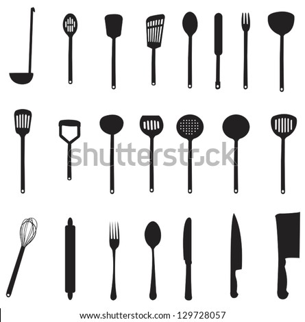 Sets of silhouette kitchen tools and kitchenware spade ladle knife spoon fork spatula knead icon for cooking and dinning, create by vector Royalty-Free Stock Photo #129728057