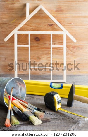 Home renovation construction abstract background with tools on wooden boards diy still life